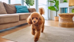 青いクッションと歩くトイプードル