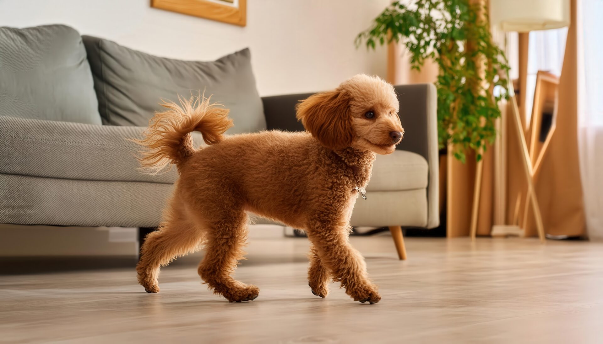 横向きで歩くトイプードル