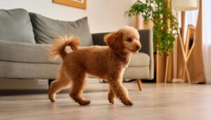 横向きで歩くトイプードル