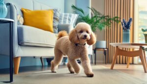 明るい部屋を歩くトイプードル