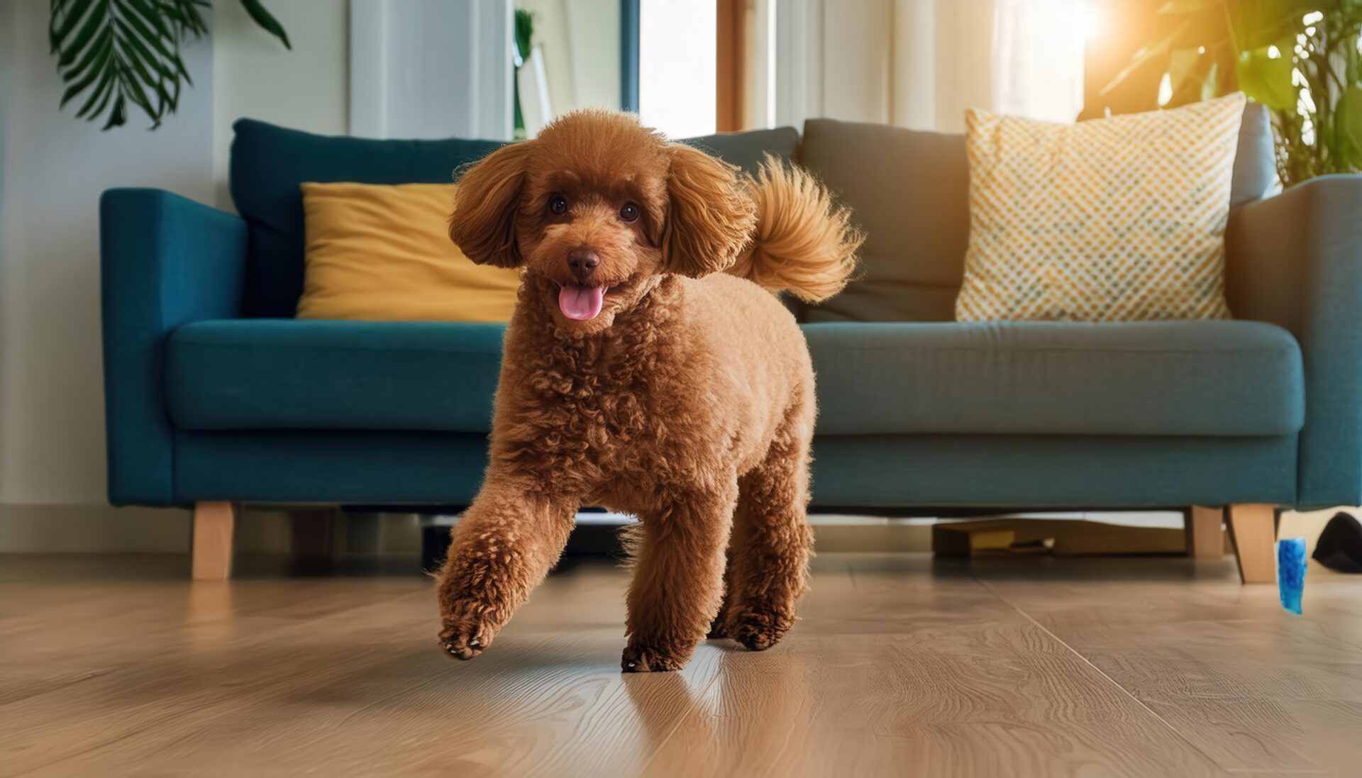 光が差すリビングを歩くトイプードル