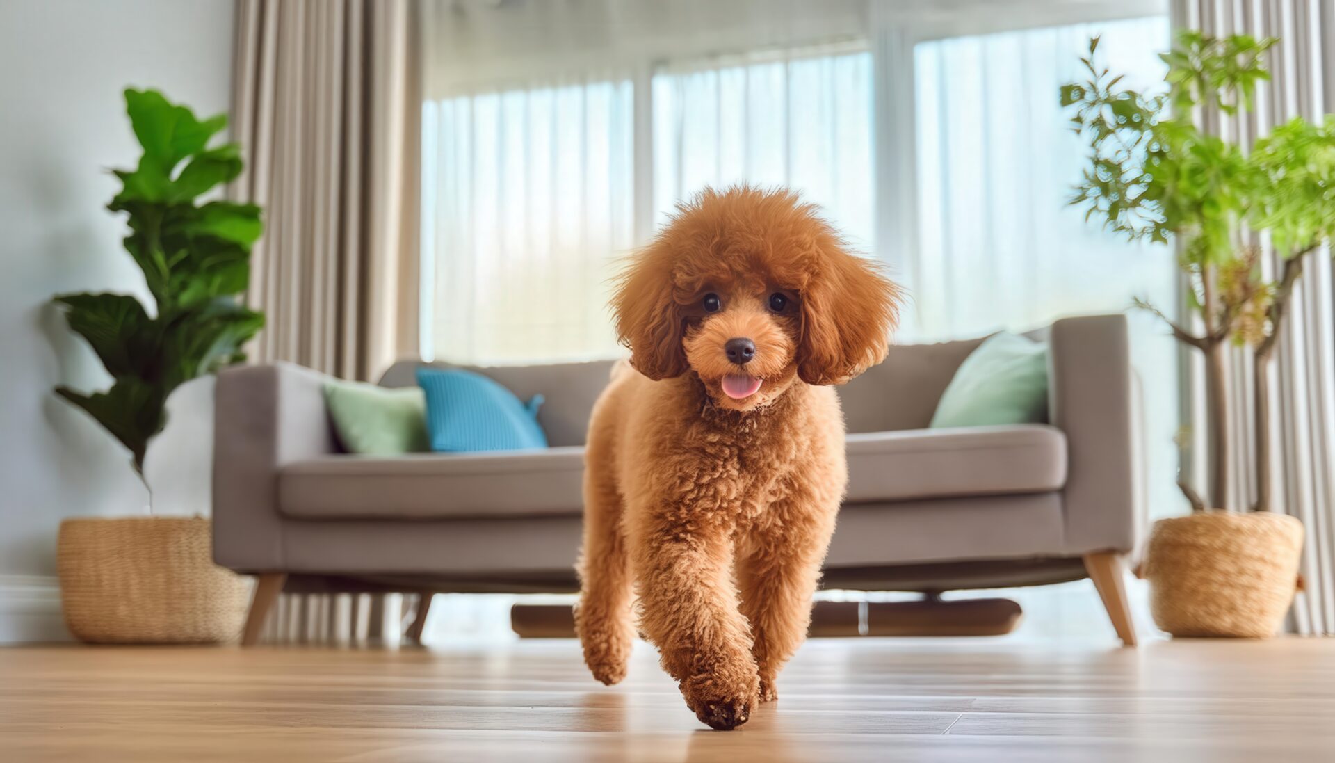 緑のクッションとトイプードル