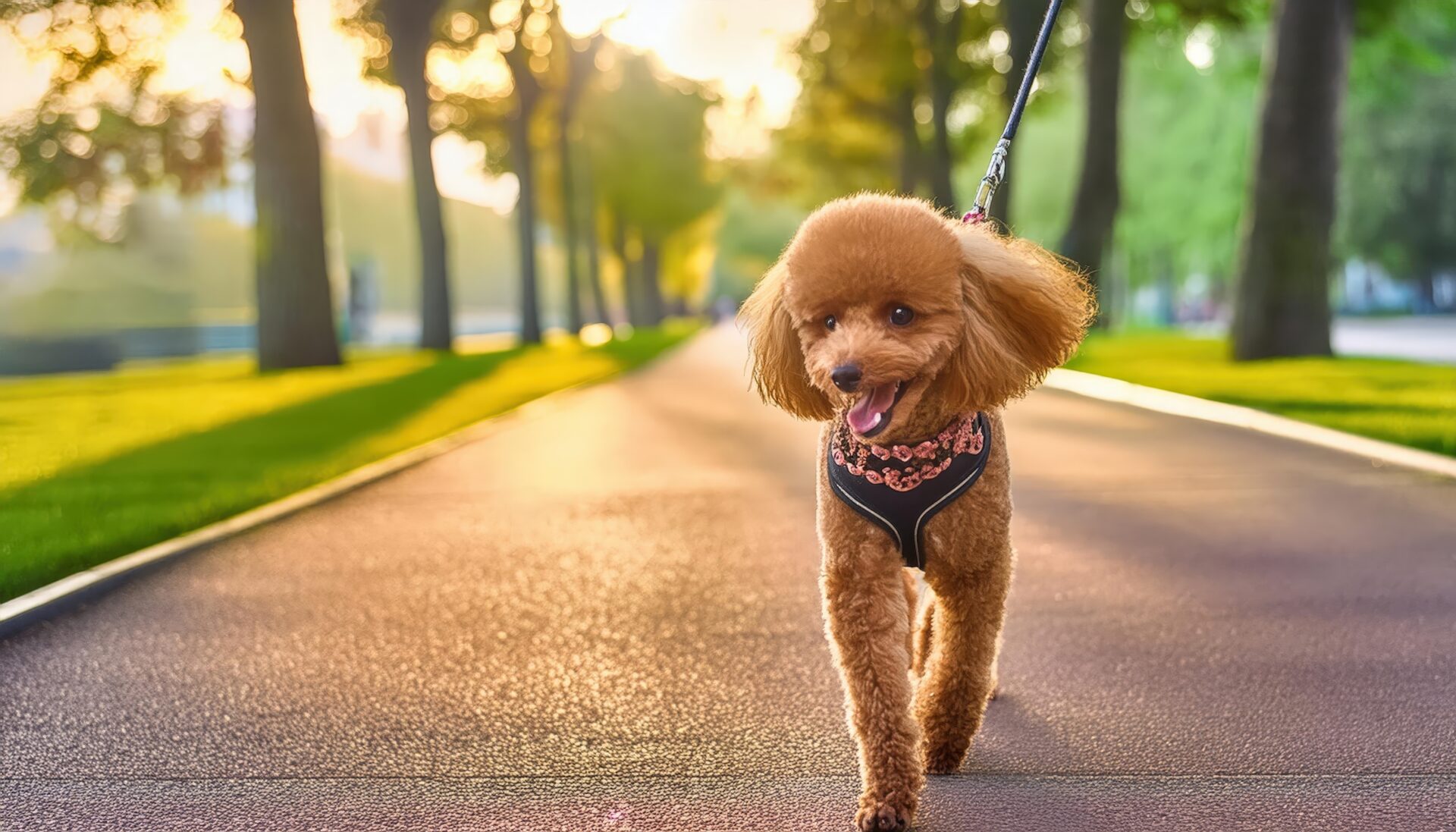 夕方の並木道を散歩するトイプードル