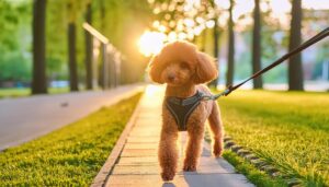 日差しの中を歩くトイプードル