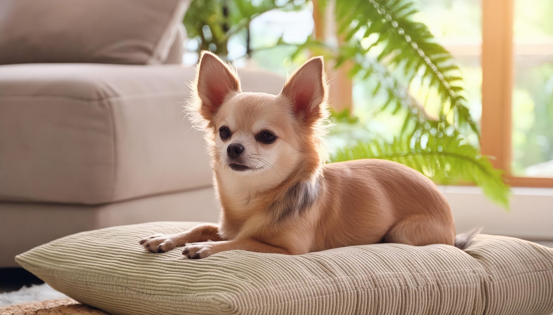 クッションの上で座るチワワ