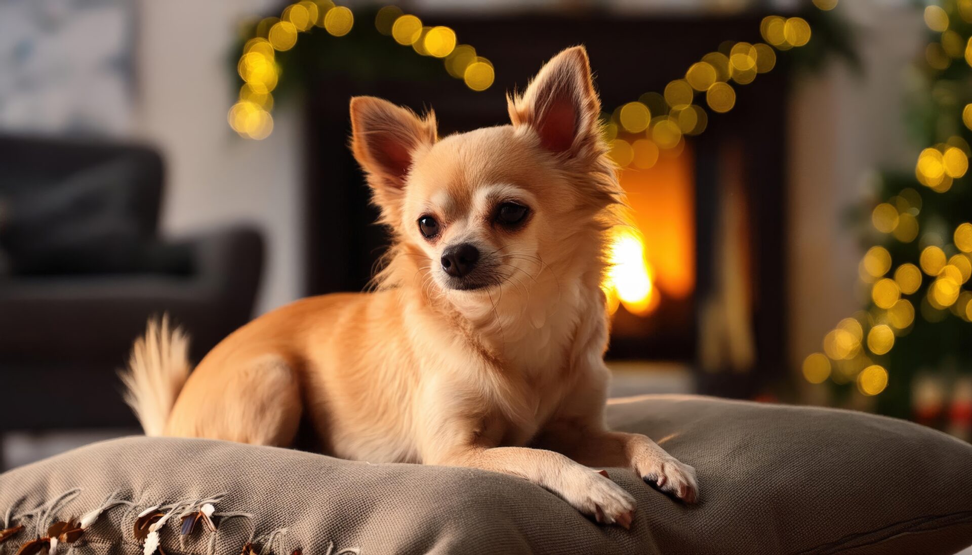 暖炉の前でくつろぐチワワ