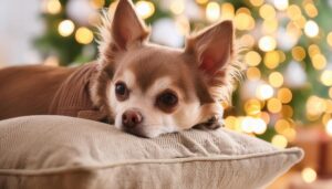 クッションで休むチワワとクリスマスツリー