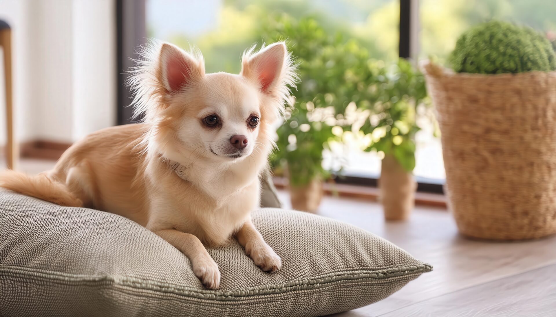 室内でくつろぐチワワと観葉植物