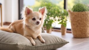 室内でくつろぐチワワと観葉植物