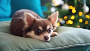 クッションでくつろぐチョコタンチワワ