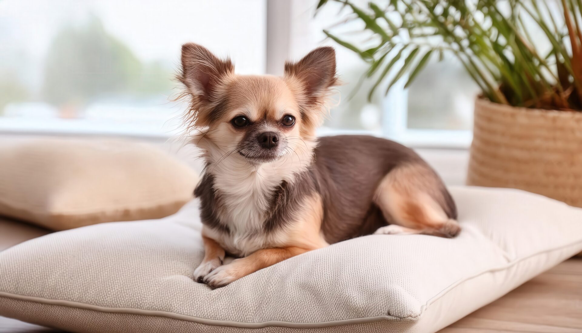 クッションに座るチワワと観葉植物