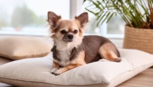 クッションに座るチワワと観葉植物