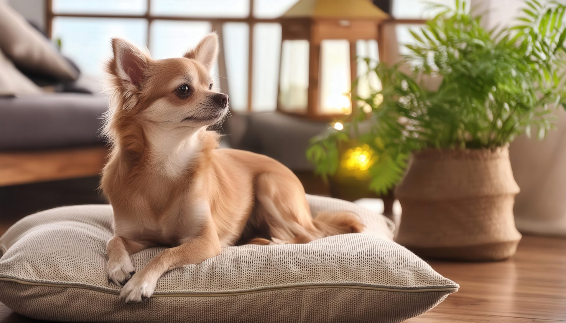 クッションの上で見つめるチワワ
