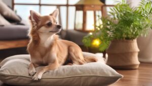 クッションの上で見つめるチワワ