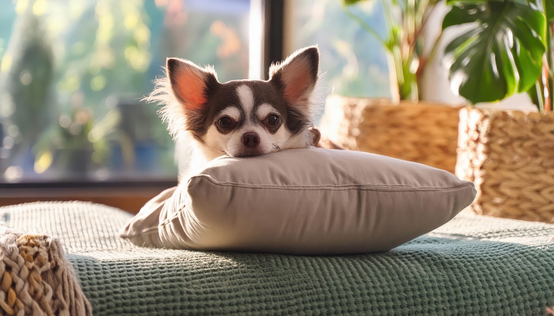 日差しの中のチワワとクッション