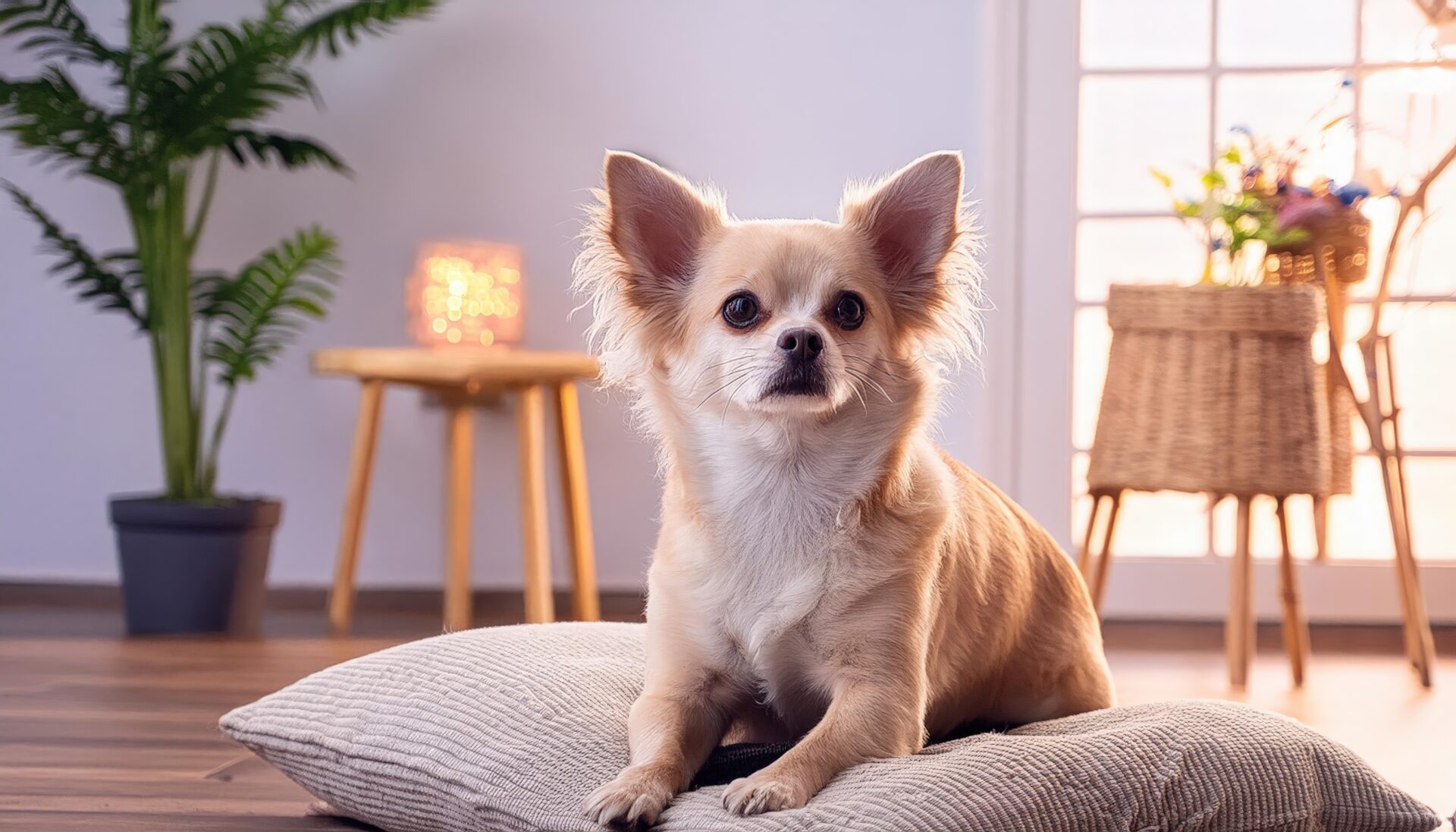 室内でまったりするチワワと間接照明