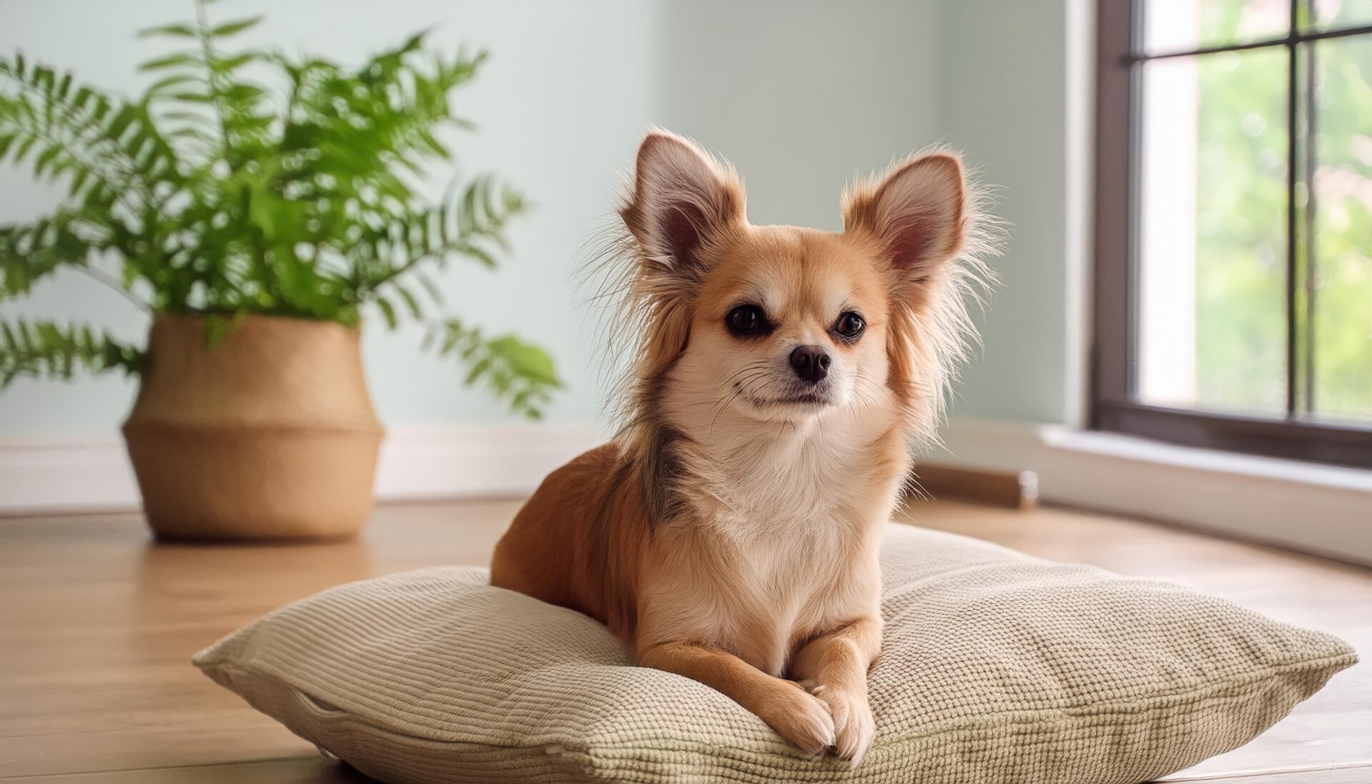 シンプルな部屋とクッションの上のチワワ