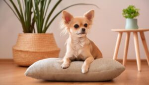 観葉植物に囲まれたチワワのくつろぎ時間