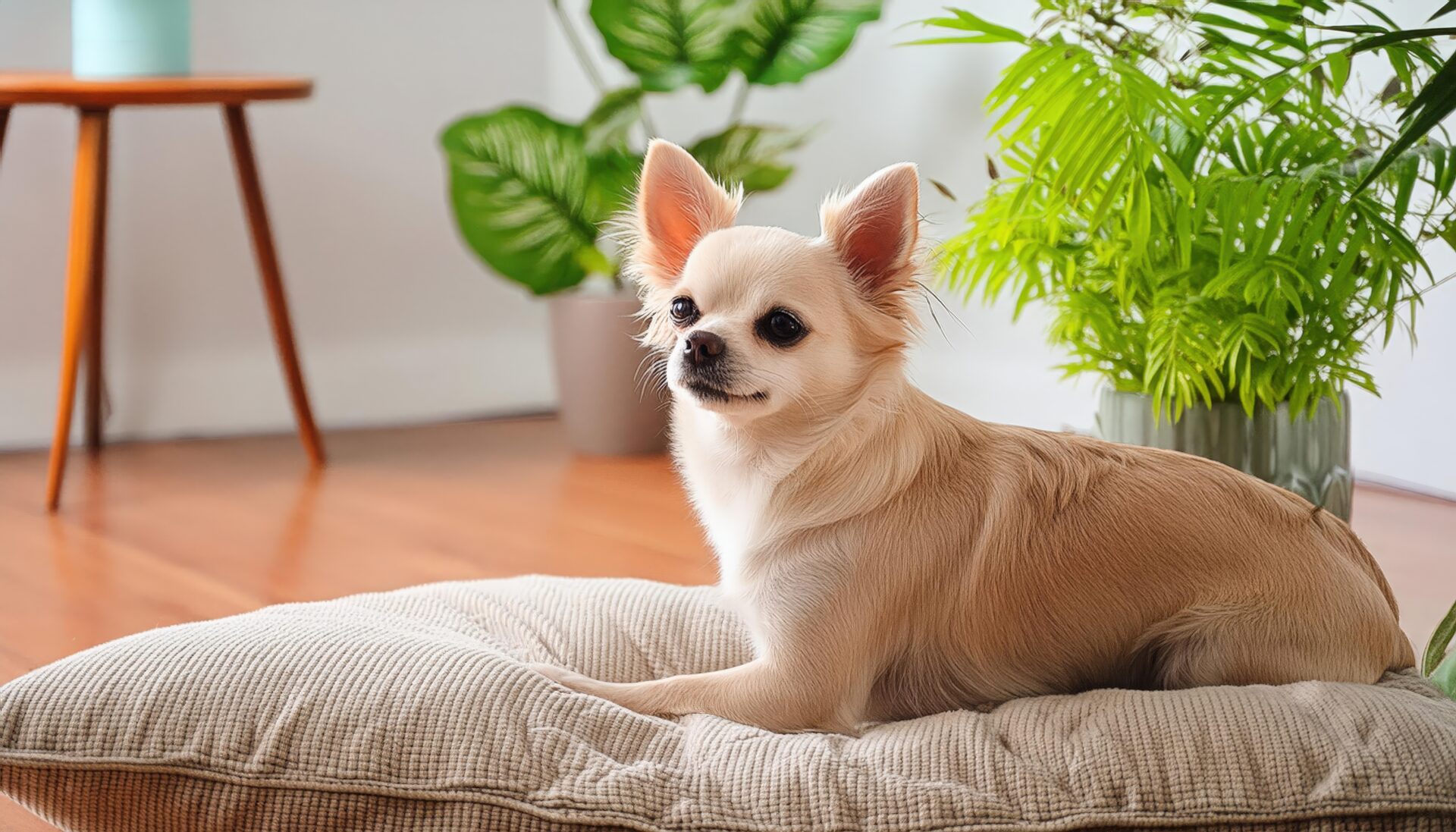 木の床とクッションの上でポーズを決めるチワワ