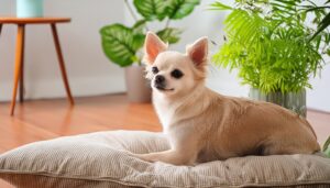 木の床とクッションの上でポーズを決めるチワワ