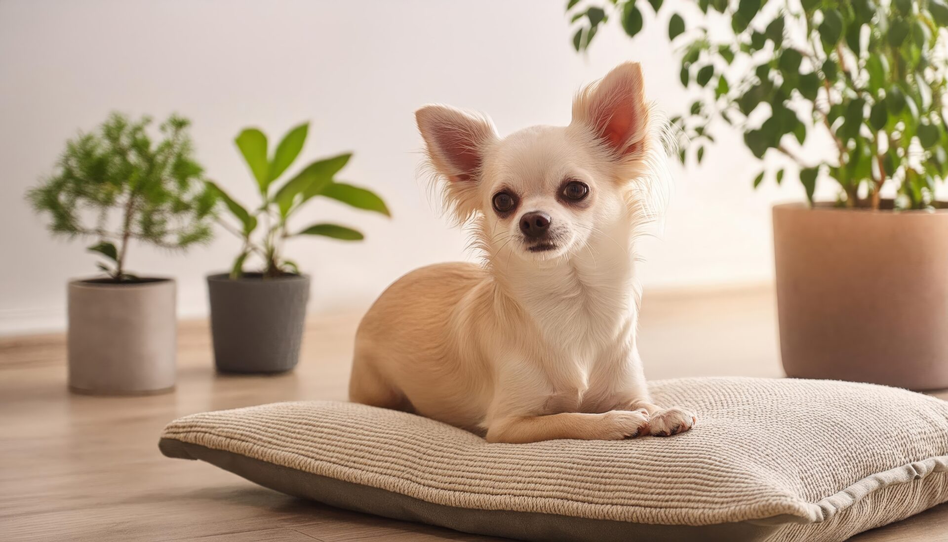 観葉植物とチワワの室内ショット