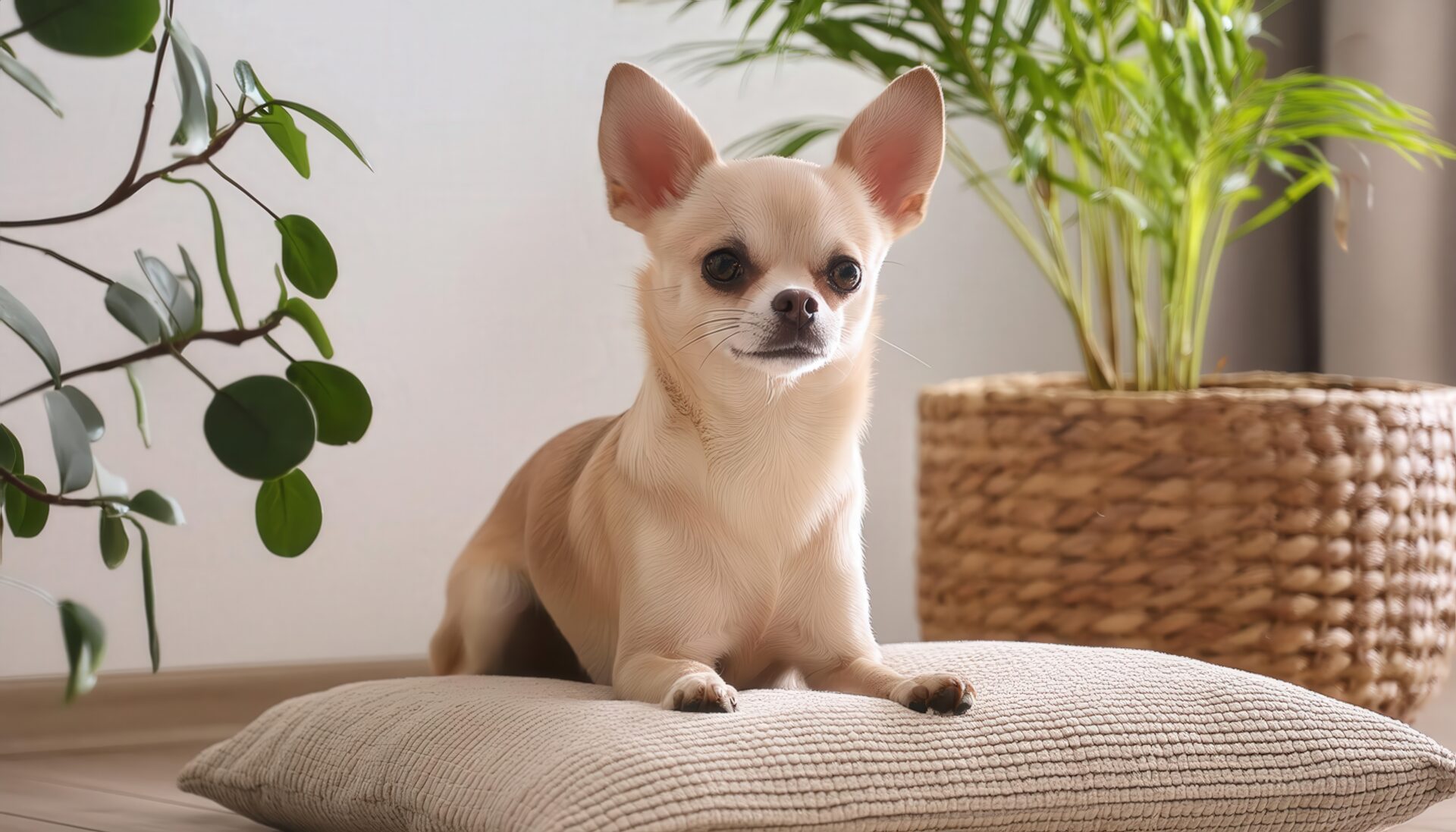 クッションでポーズをとるチワワ