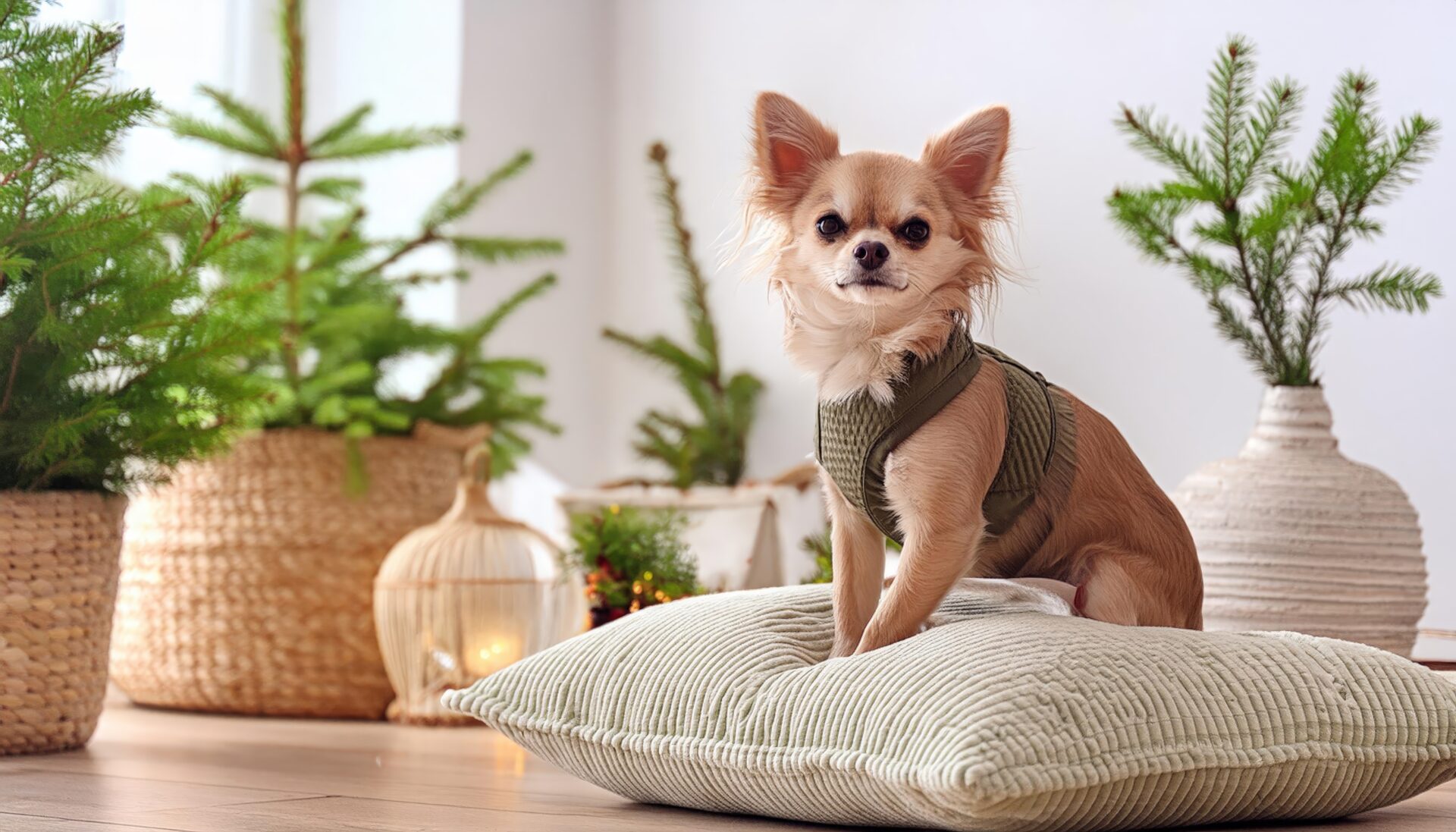緑に囲まれたチワワとクッション
