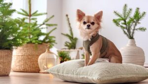 緑に囲まれたチワワとクッション