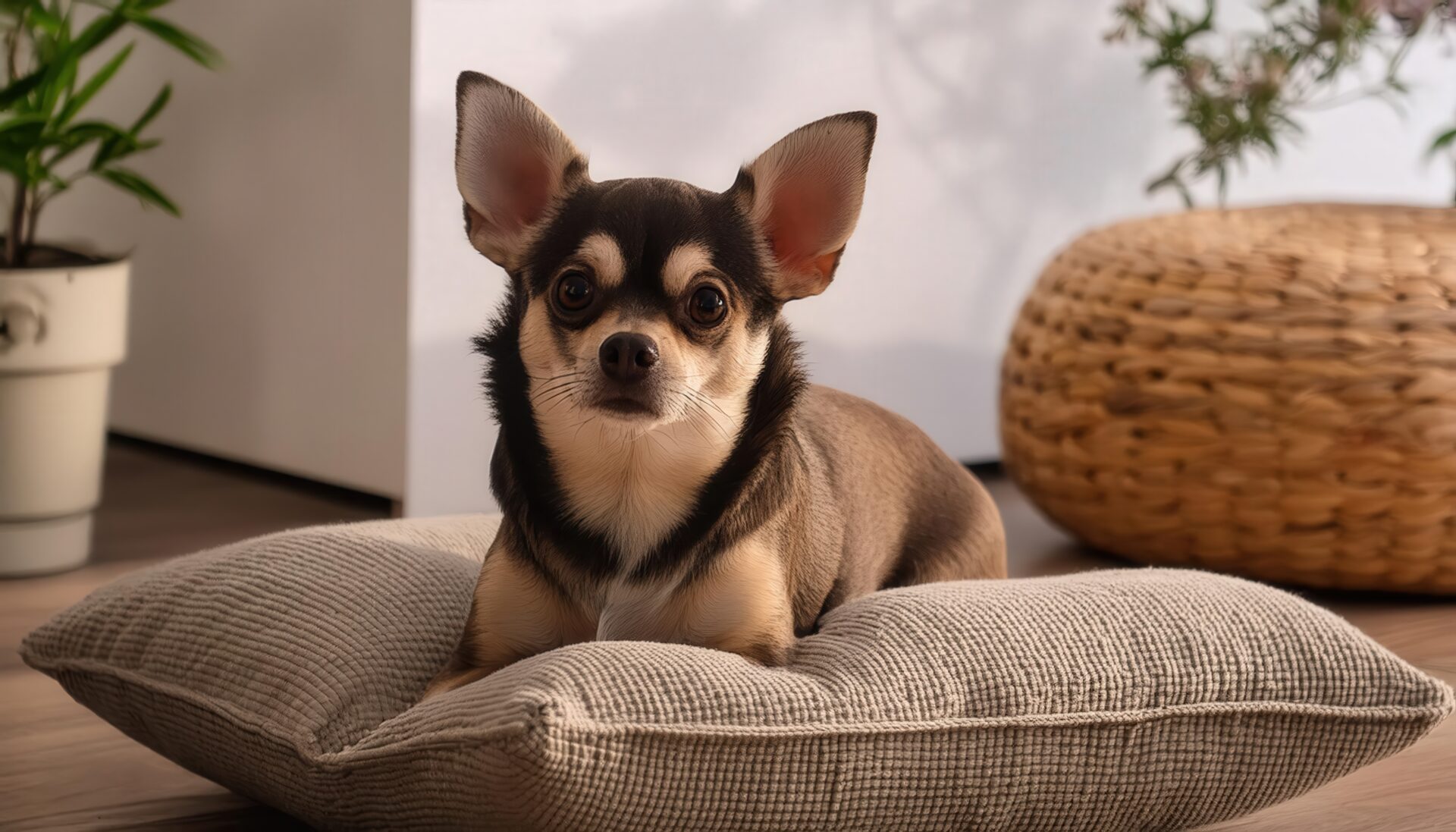 クッションで休むブラックタンチワワ