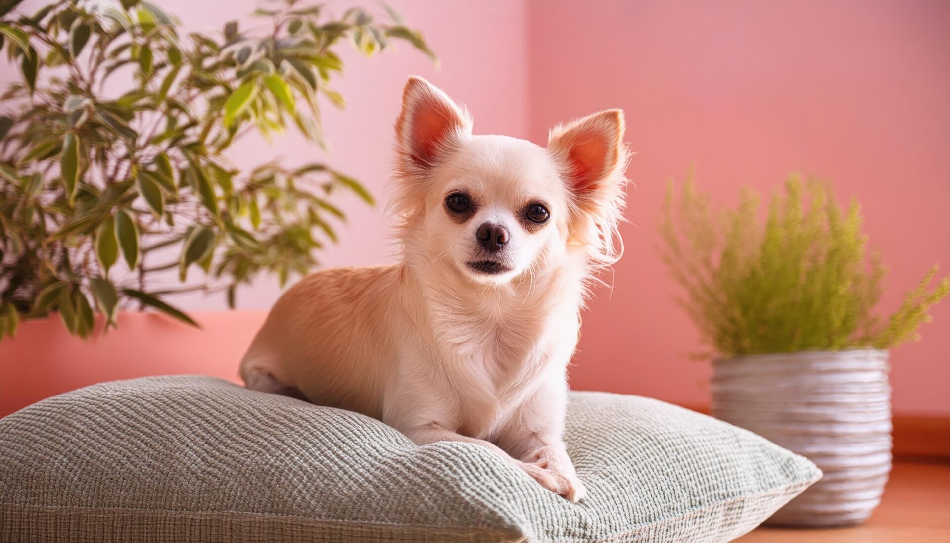 ピンクの壁とチワワのポートレート