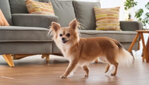 ソファの前を歩くチワワ