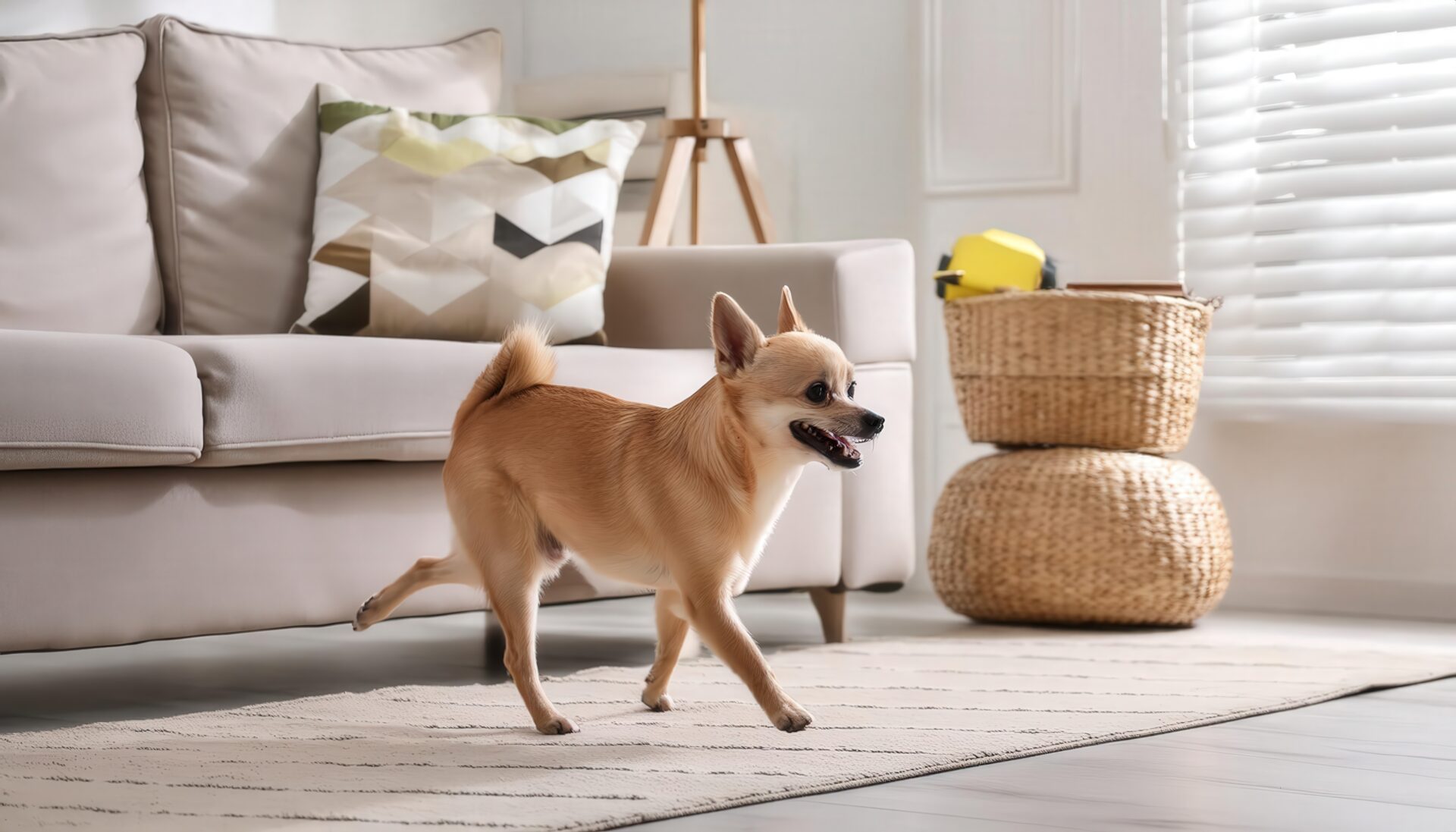 ラグの上を歩くチワワ