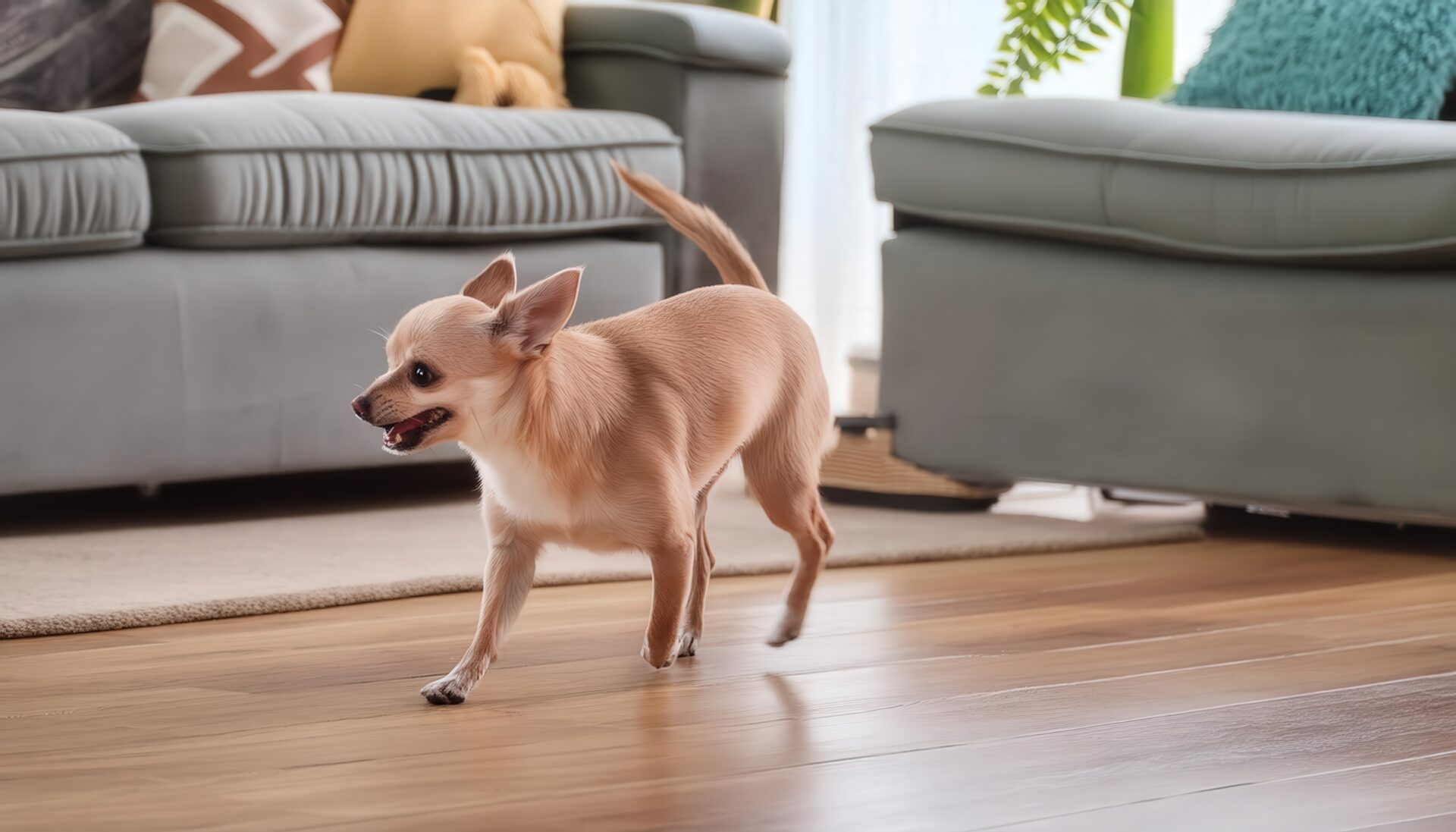 広い部屋を歩くチワワ