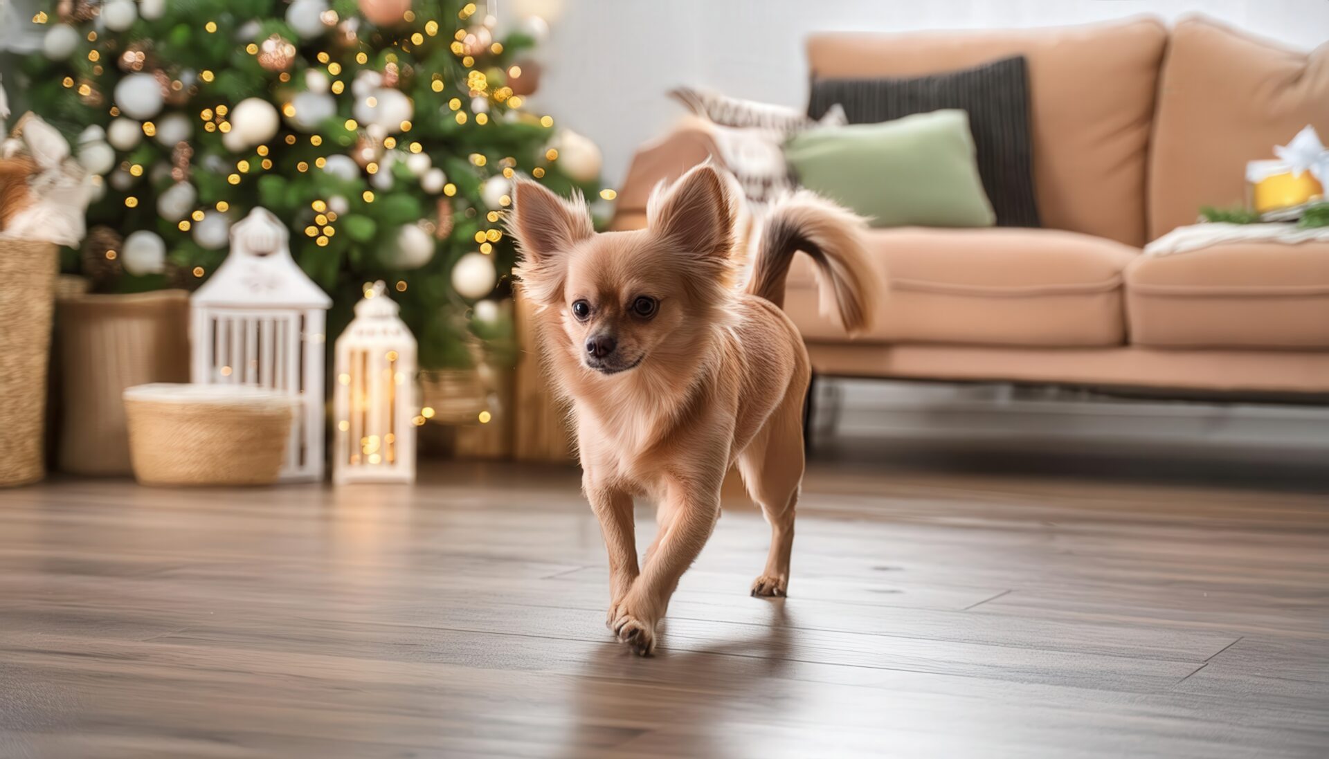 クリスマスの部屋で歩くチワワ
