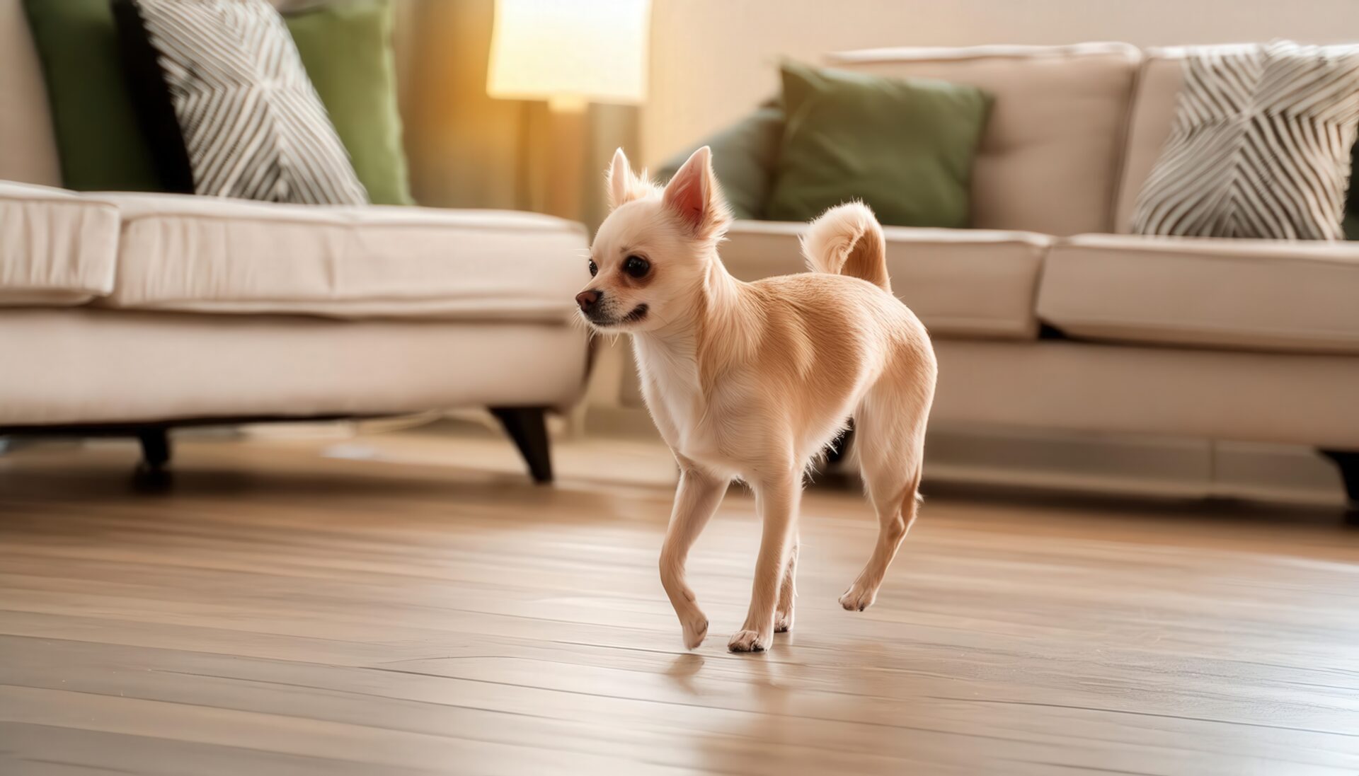 明るいリビングで歩くチワワ
