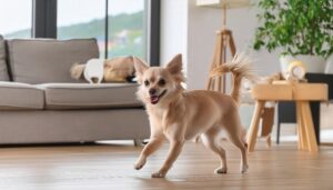 ソファの前を駆けるチワワ