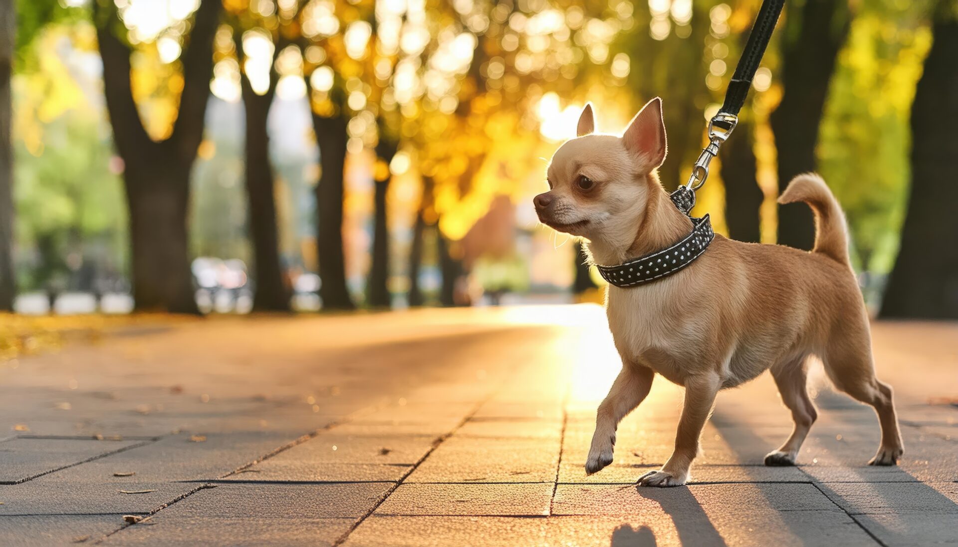 公園でリードを引かれるチワワ