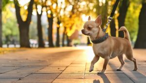 公園でリードを引かれるチワワ