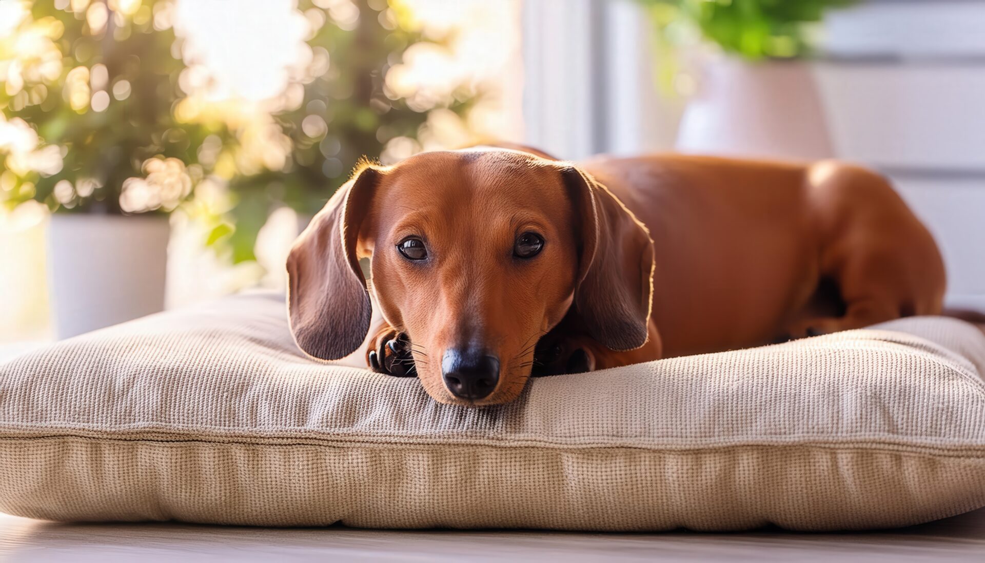 朝日を浴びるダックスフンド