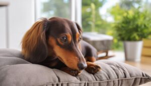 クッションに頭をのせるダックスフンド