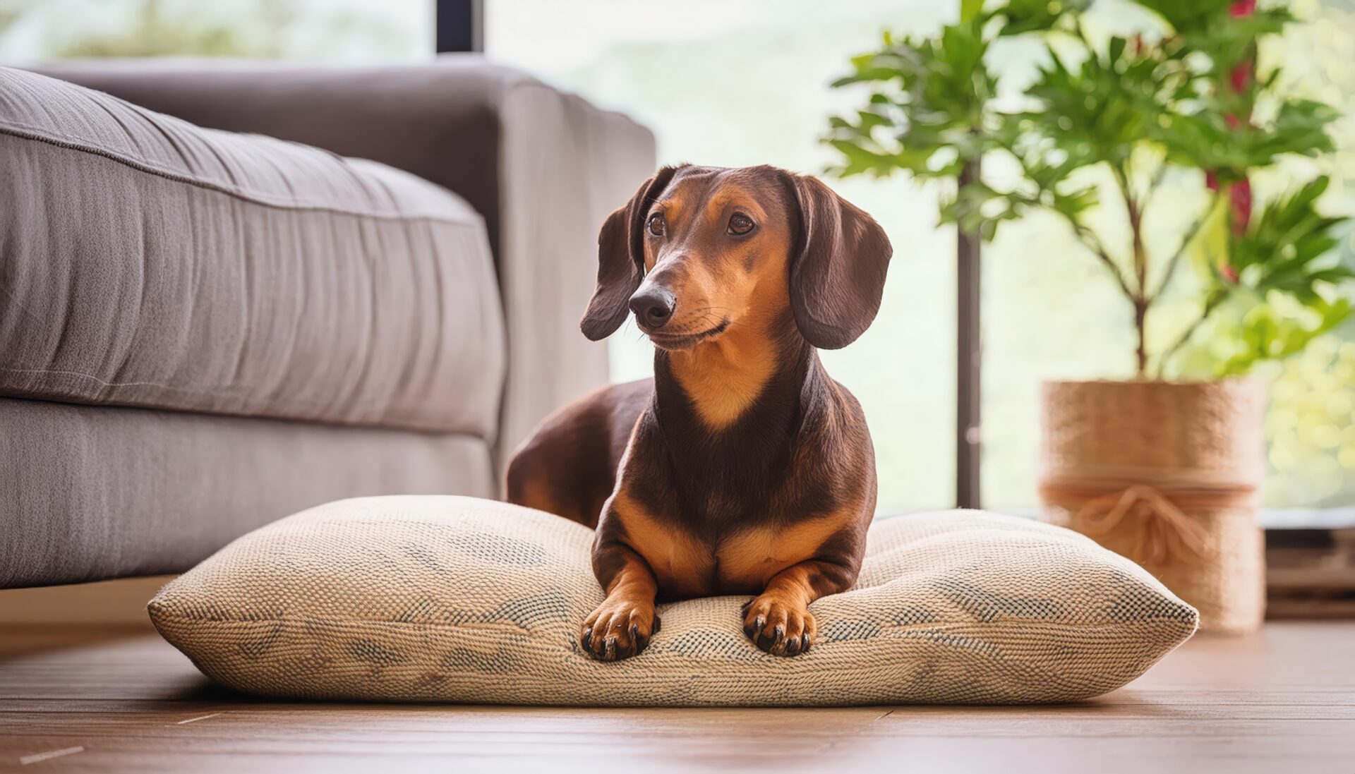 ソファ横で休むダックスフンド