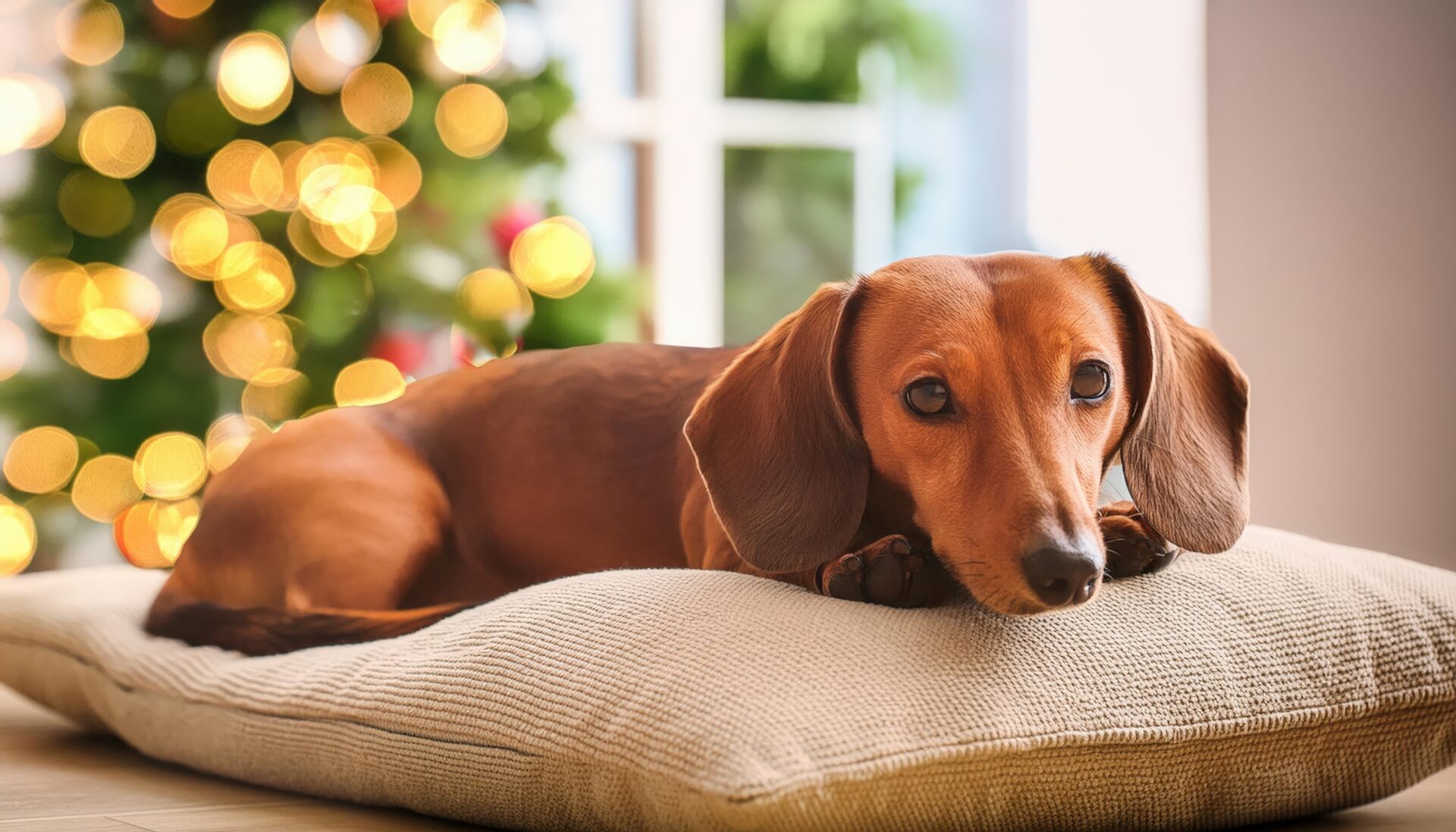 クリスマスツリーの前のダックスフンド