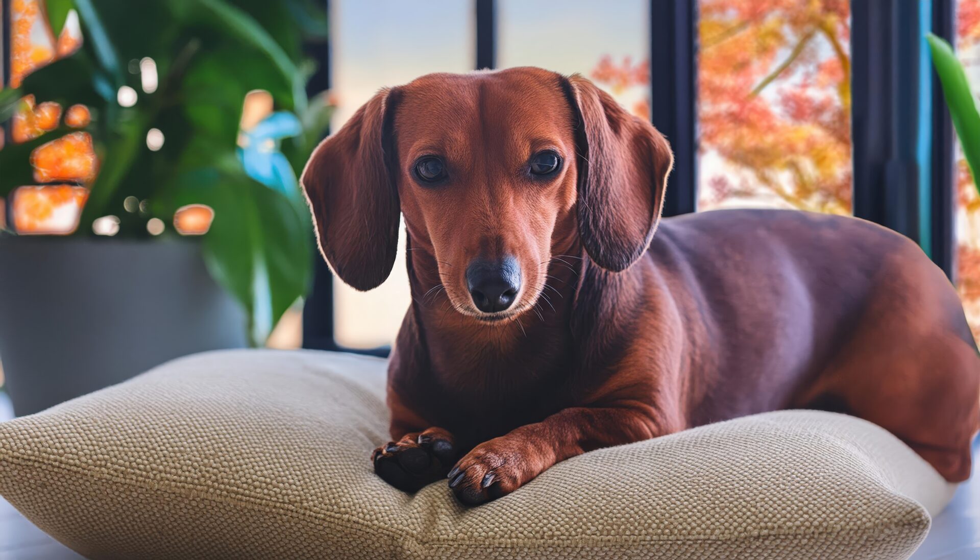 窓辺でポーズをとるダックスフンド