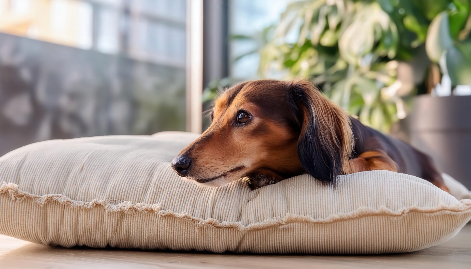 横たわるロングヘアーダックスフンド