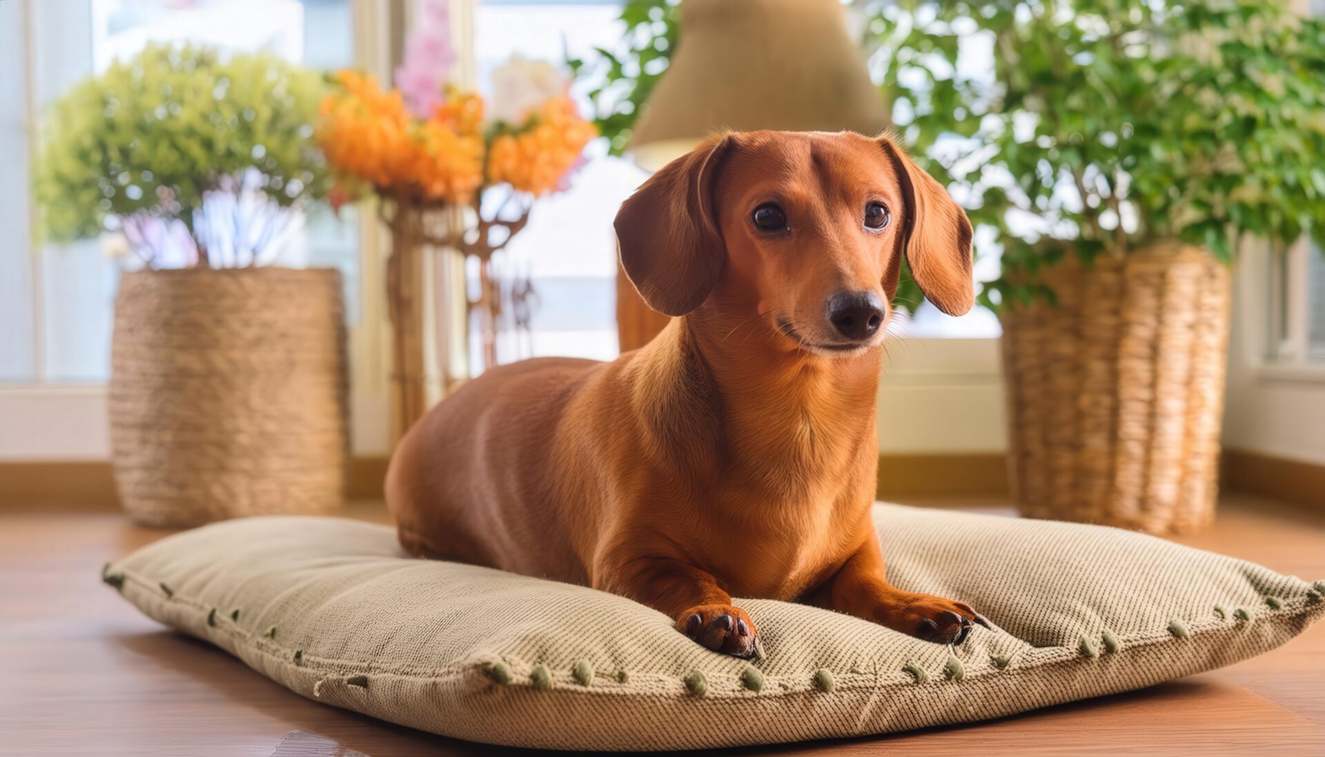 花に囲まれたダックスフンド