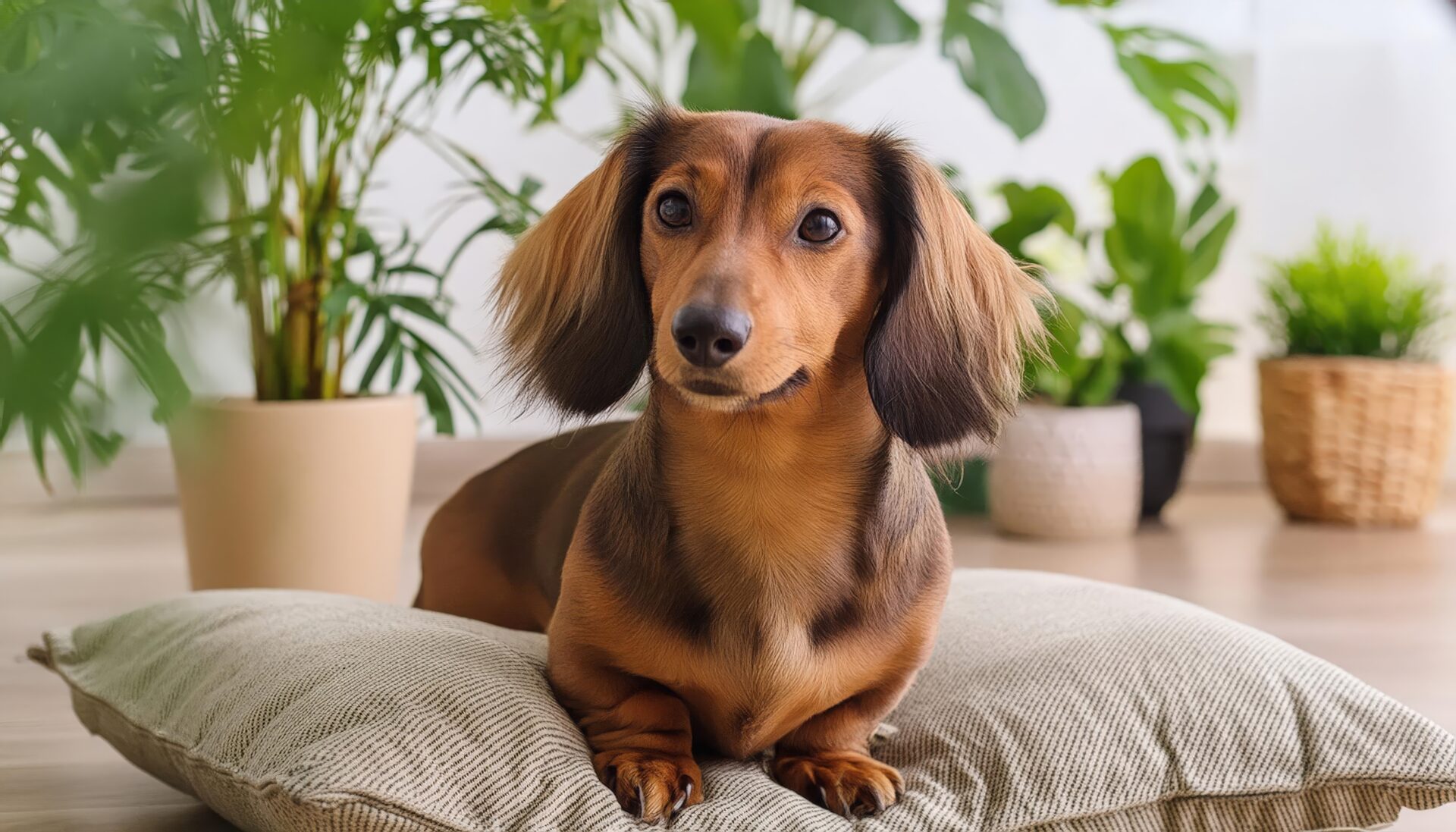 観葉植物に囲まれたダックスフンド