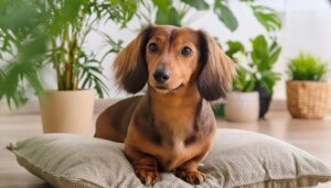 観葉植物に囲まれたダックスフンド