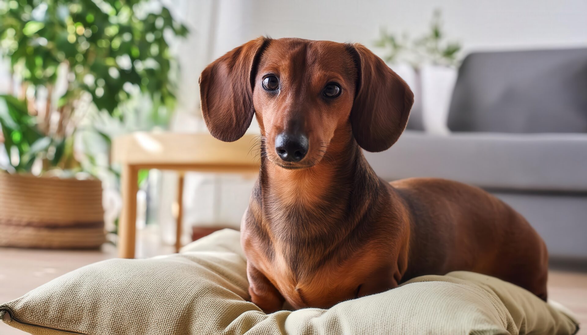 ソファ前で見つめるダックスフンド