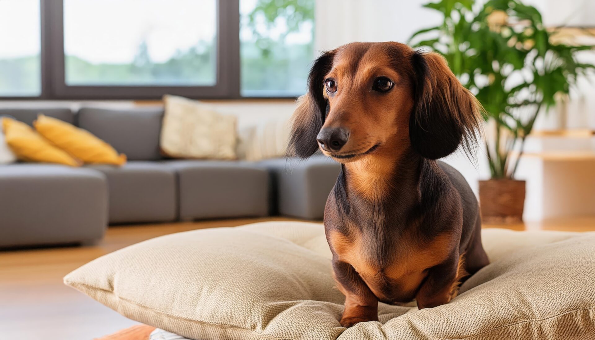 ソファ横でポーズをとるロングヘアーダックスフンド