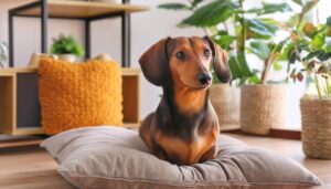 クッションにちょこんと座るダックスフンド